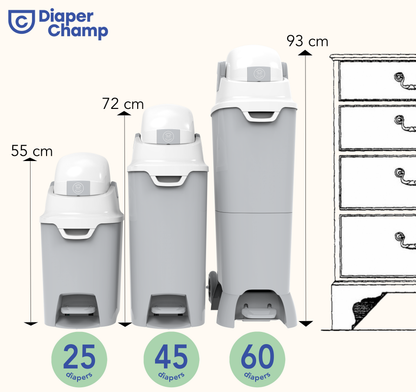DiaperChamp ONE Mains libres Medium - Argent (10 SACS ÉCOLOGIQUES inclus gratuitement)