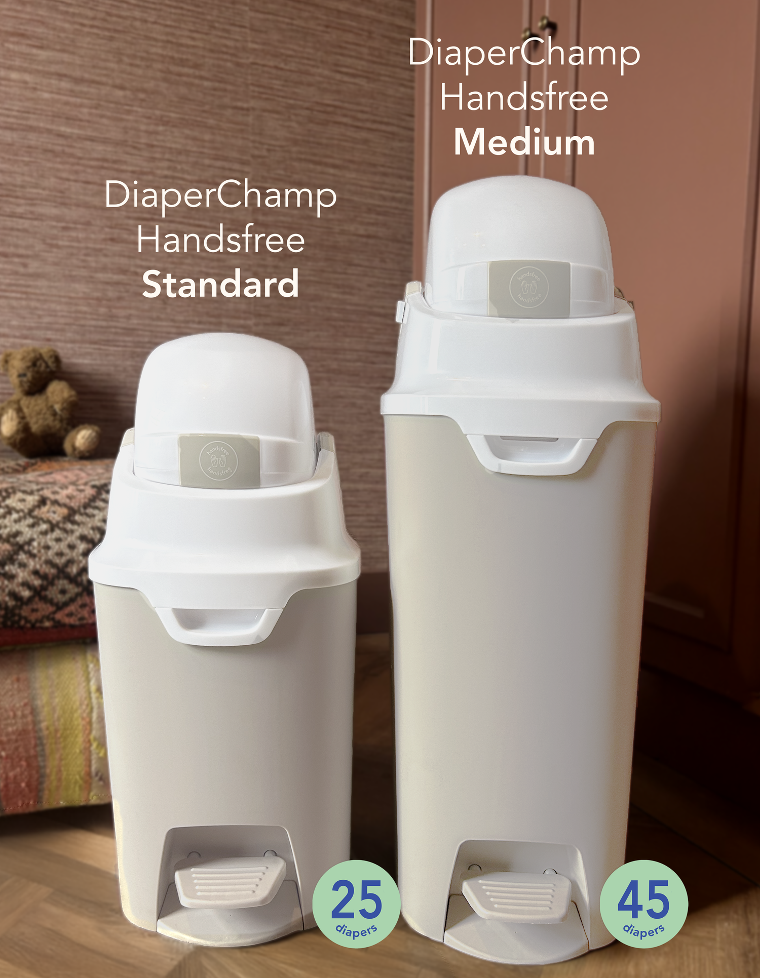 DiaperChamp ONE Mains libres Medium - Argent (10 SACS ÉCOLOGIQUES inclus gratuitement)