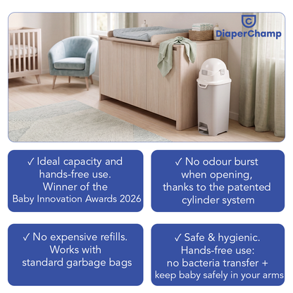 DiaperChamp ONE Handsfree Medium (Mains libres) - Argent (10 SACS ÉCOLOGIQUES inclus gratuitement)